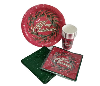 Traditional Christmas Party Tableware Set Disposable Plates Cups Napkins 25pc