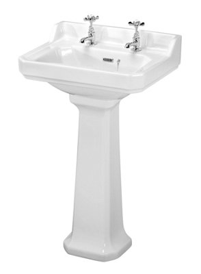 Traditional Classic 2 Tap Hole Ceramic Bathroom Basin Sink & Full Pedestal - 560mm