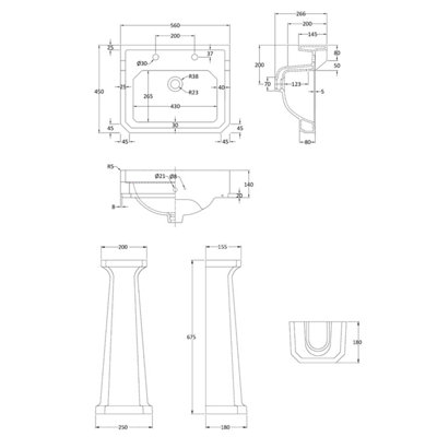 Traditional Classic 2 Tap Hole Ceramic Bathroom Basin Sink & Full Pedestal - 560mm