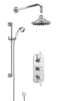 Traditional Concealed Triple Valve with Bevelled Back Plate Shower Set with Slide Rail Kit, Arm & Head- Chrome - Balterley