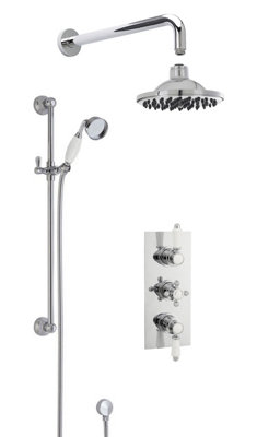 Traditional Concealed Triple Valve with Square Back Plate Shower Set with Slide Rail Kit, Arm & Head- Chrome - Balterley