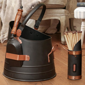 Traditional Copper Fireside Coal Storage, Log Holder Bucket and Matches Canister