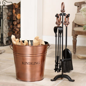 Traditional Copper Kindling Bucket Log Basket with 5 Piece Fireside Companion Set