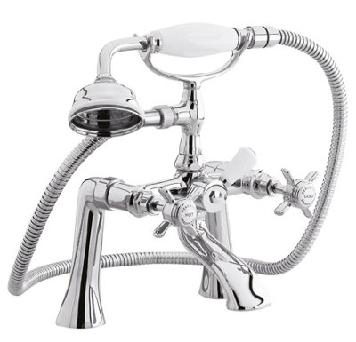 Traditional Deck Mounted 1/2 Inch Bath Shower Mixer Tap with Shower Kit - Chrome/White
