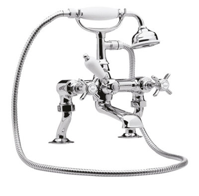 Traditional Deck Mounted Luxury Cranked Bath Shower Mixer Tap with Shower Kit - Chrome/White