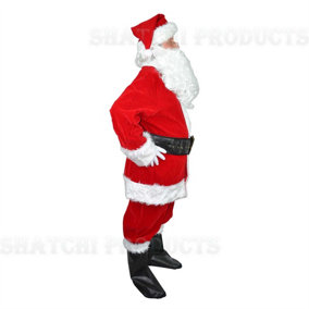 Traditional Deluxe Regal Plush Father Santa Claus Suit Fancy Dress Costume Hat, Wig, Beard, Gloves, Boot Covers, Half Moon