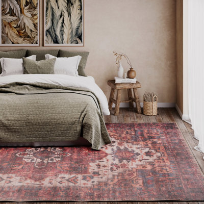 Traditional Design Cotton Chenille Rug Red Cream Blue Machine Washable ...