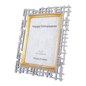 Traditional Designer Hand Painted Grey and Brushed Gold Resin 5x7 Picture Frame