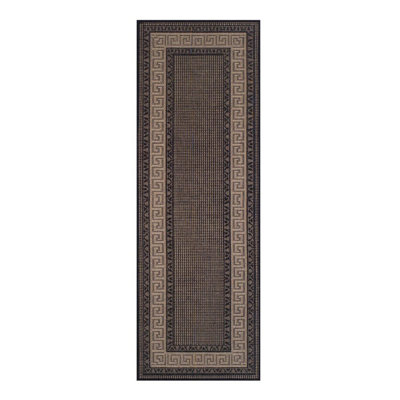 Traditional Easy to Clean Flatweave Bordered Black Anti Slip Dining Room Rug-60cm X 110cm