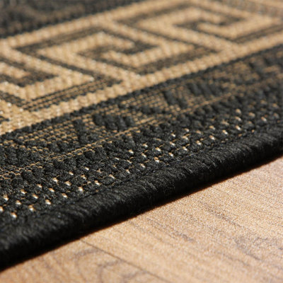 Traditional Easy to Clean Flatweave Bordered Black Anti Slip Dining Room Rug-80cm X 150cm