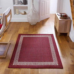 Traditional Easy to Clean Flatweave Bordered Red Anti Slip Rug for Dining Room -120cm X 160cm