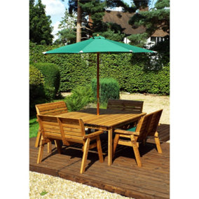 Traditional Eight Seater Table Set with 4 x Green Bench Cushion, 1 x Green Parasol & Base & 1 x Cushion Storage Bag