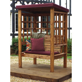 Traditional Ewolth Two Seater Arbour With 1 x Bench Cushion Burgundy & 1 x Scatter Cushion Burgundy