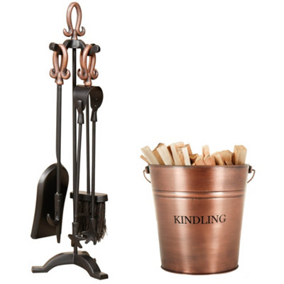 Traditional Fireplace Copper Kindling Bucket Log Basket with 5pc Fireside Companion Set