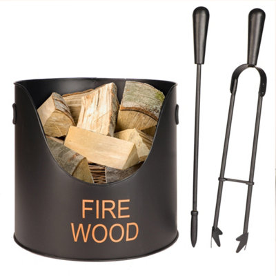 Traditional Fireplace Firewood Log Bucket with Poker and Tongs H29 x ...