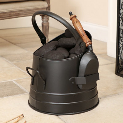 Traditional Fireside Black Coal, Log Storage and Kindling Bucket with Shovel