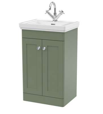 Traditional Floor Standing 2 Door Vanity Unit with 1 Tap Hole Fireclay Basin, 500mm - Satin Green