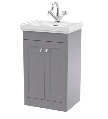 Traditional Floor Standing 2 Door Vanity Unit with 1 Tap Hole Fireclay Basin, 500mm - Satin Grey