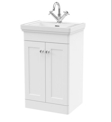 Traditional Floor Standing 2 Door Vanity Unit with 1 Tap Hole Fireclay Basin, 500mm - Satin White