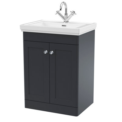Traditional Floor Standing 2 Door Vanity Unit with 1 Tap Hole Fireclay Basin, 600mm - Dark Grey Price Comparisons | Compare The Build