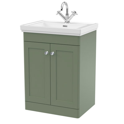 Traditional Floor Standing 2 Door Vanity Unit with 1 Tap Hole Fireclay Basin, 600mm - Satin Green Price Comparisons | Compare The Build