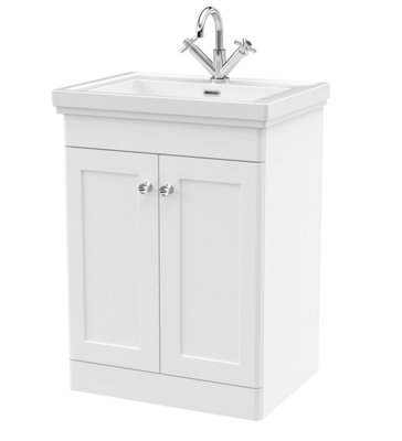 Traditional Floor Standing 2 Door Vanity Unit with 1 Tap Hole Fireclay Basin, 600mm - Satin White