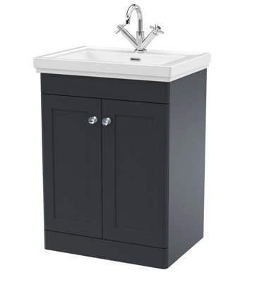 Traditional Floor Standing 2 Door Vanity Unit with 1 Tap Hole Fireclay Basin, 600mm - Soft Black