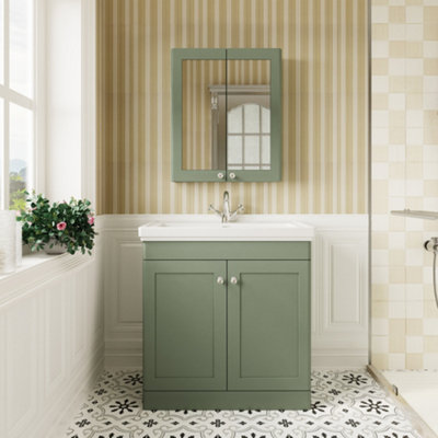 Traditional Floor Standing 2 Door Vanity Unit with 1 Tap Hole Fireclay Basin, 800mm - Satin Green