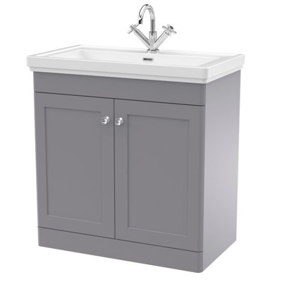 Traditional Floor Standing 2 Door Vanity Unit with 1 Tap Hole Fireclay Basin, 800mm - Satin Grey Price Comparisons | Compare The Build
