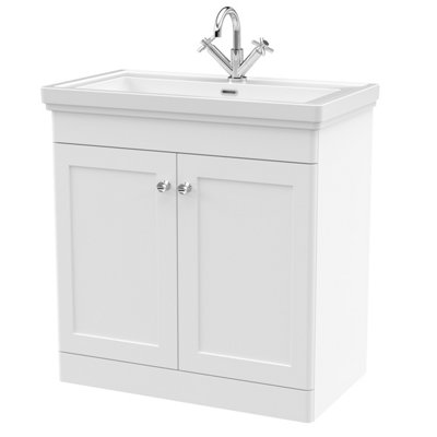 Traditional Floor Standing 2 Door Vanity Unit with 1 Tap Hole Fireclay Basin, 800mm - Satin White Price Comparisons | Compare The Build