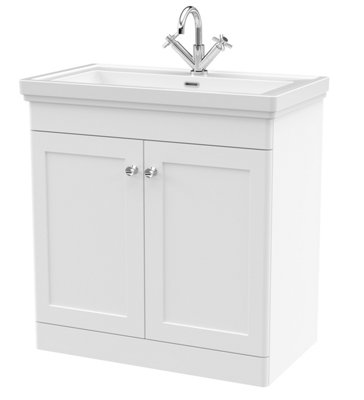 Traditional Floor Standing 2 Door Vanity Unit with 1 Tap Hole Fireclay Basin, 800mm - Satin White