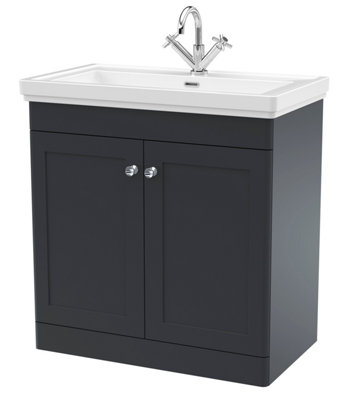 Traditional Floor Standing 2 Door Vanity Unit with 1 Tap Hole Fireclay Basin, 800mm - Soft Black