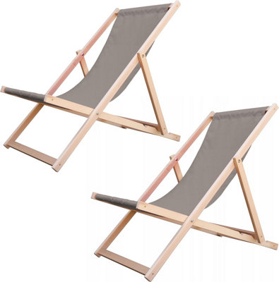Traditional Folding Wood Deck Chairs Set of 2 - Adjustable Deck Chair for Beach/Garden - Seaside Lounger with Beige Canvas Fabric