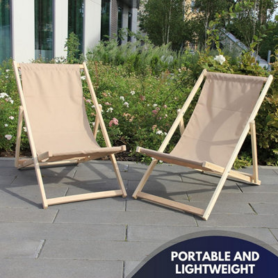 Traditional Folding Wood Deck Chairs Set of 2 Adjustable Deck Chair for Beach Garden Seaside Lounger