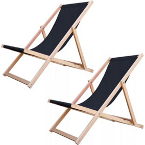 Traditional Folding Wood Deck Chairs Set of 2 - Adjustable Deck Chair for Beach/Garden - Seaside Lounger with Black Canvas Fabric
