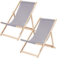 Traditional Folding Wood Deck Chairs Set of 2 - Adjustable Deck Chair for Beach/Garden - Seaside Lounger with Grey Canvas Fabric