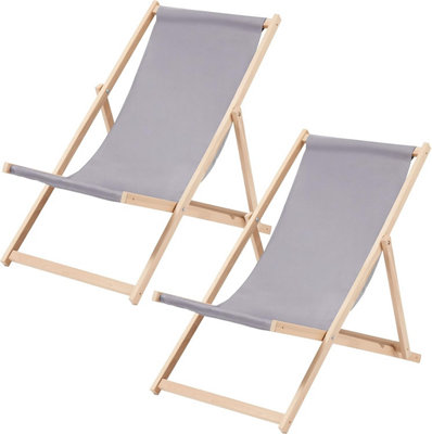 Traditional Folding Wood Deck Chairs Set of 2 - Adjustable Deck Chair for Beach/Garden - Seaside Lounger with Grey Canvas Fabric