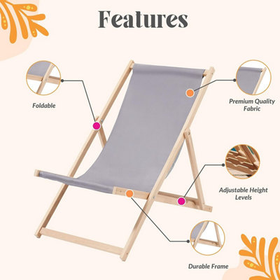 Traditional Folding Wood Deck Chairs Set of 2 - Adjustable Deck Chair for Beach/Garden - Seaside Lounger with Grey Canvas Fabric