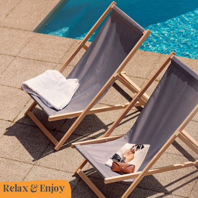 Traditional Folding Wood Deck Chairs Set of 2 Adjustable Deck Chair for Beach Garden Seaside Lounger with Grey Canvas Fabric