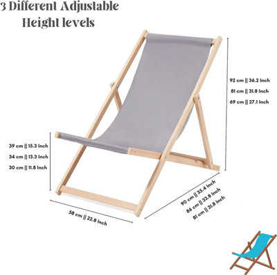 Traditional Folding Wood Deck Chairs Set of 2 - Adjustable Deck Chair for Beach/Garden - Seaside Lounger with Grey Canvas Fabric - 5
