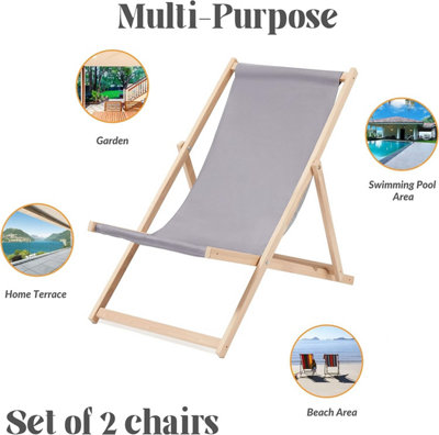 Traditional Folding Wood Deck Chairs Set of 2 - Adjustable Deck Chair for Beach/Garden - Seaside Lounger with Grey Canvas Fabric - 6