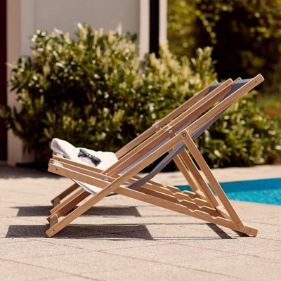 Traditional Folding Wood Deck Chairs Set of 2 - Adjustable Deck Chair for Beach/Garden - Seaside Lounger with Grey Canvas Fabric - 7