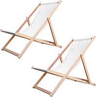 Traditional Folding Wood Deck Chairs Set of 2 - Adjustable Deck Chair for Beach/Garden - Seaside Lounger with White Canvas Fabric