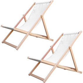 Traditional Folding Wood Deck Chairs Set of 2 - Adjustable Deck Chair for Beach/Garden - Seaside Lounger with White Canvas Fabric