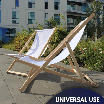 Traditional Folding Wood Deck Chairs Set of 2 - Adjustable Deck Chair for Beach/Garden - Seaside Lounger with White Canvas Fabric