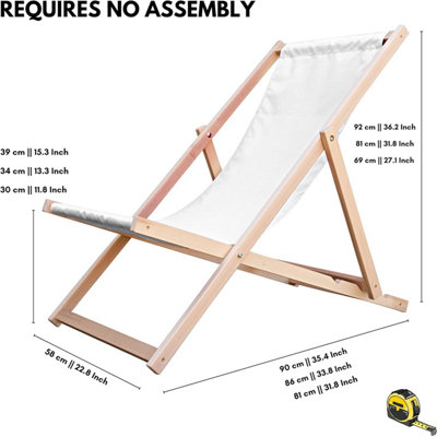 Traditional Folding Wood Deck Chairs Set of 2 - Adjustable Deck Chair for Beach/Garden - Seaside Lounger with White Canvas Fabric - 3