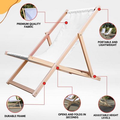 Traditional Folding Wood Deck Chairs Set of 2 - Adjustable Deck Chair for Beach/Garden - Seaside Lounger with White Canvas Fabric - 4