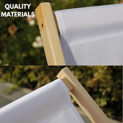 Traditional Folding Wood Deck Chairs Set of 2 - Adjustable Deck Chair for Beach/Garden - Seaside Lounger with White Canvas Fabric - 5