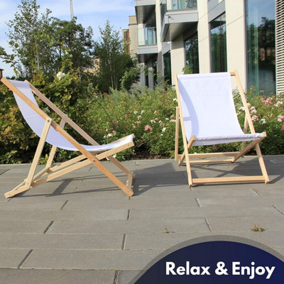 Traditional Folding Wood Deck Chairs Set of 2 - Adjustable Deck Chair for Beach/Garden - Seaside Lounger with White Canvas Fabric - 6
