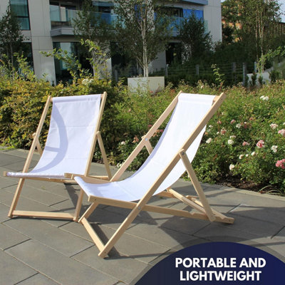 Traditional Folding Wood Deck Chairs Set of 2 - Adjustable Deck Chair for Beach/Garden - Seaside Lounger with White Canvas Fabric - 7